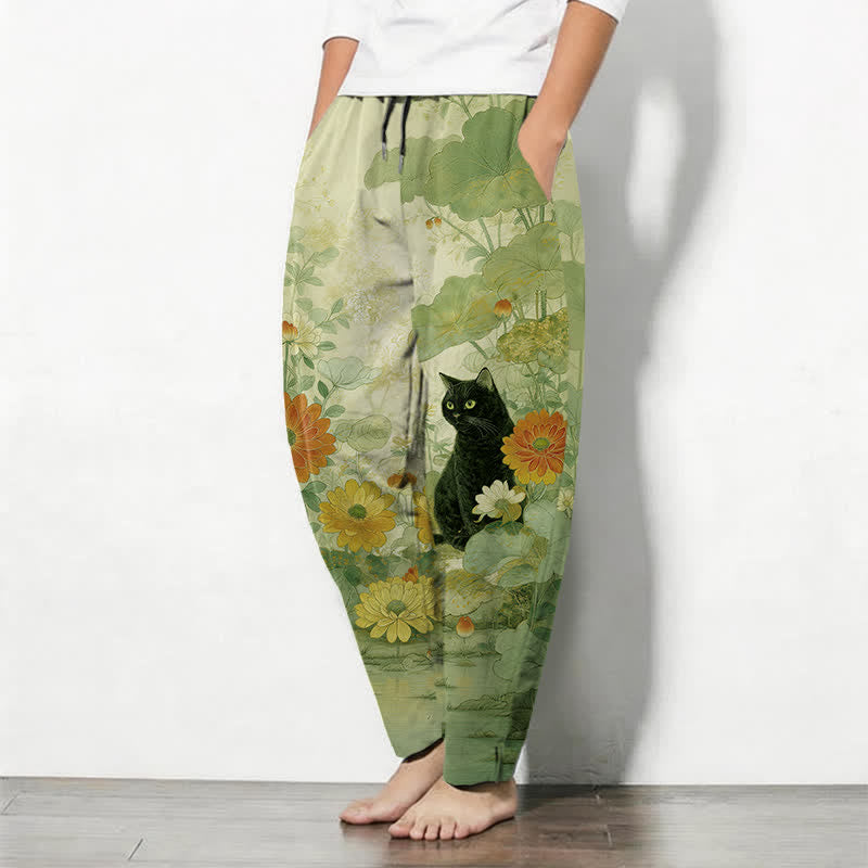 Buddha Stones Herrenhose aus reiner Baumwolle mit orientalischem Katzen- und Blumenmuster, Kordelzug, schmal zulaufendem Schnitt und Taschen - image 8