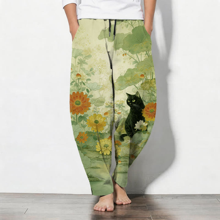Buddha Stones Herrenhose aus reiner Baumwolle mit orientalischem Katzen- und Blumenmuster, Kordelzug, schmal zulaufendem Schnitt und Taschen - GrünGelb - US/ UK/AU50, EU60 (5XL) - image 7