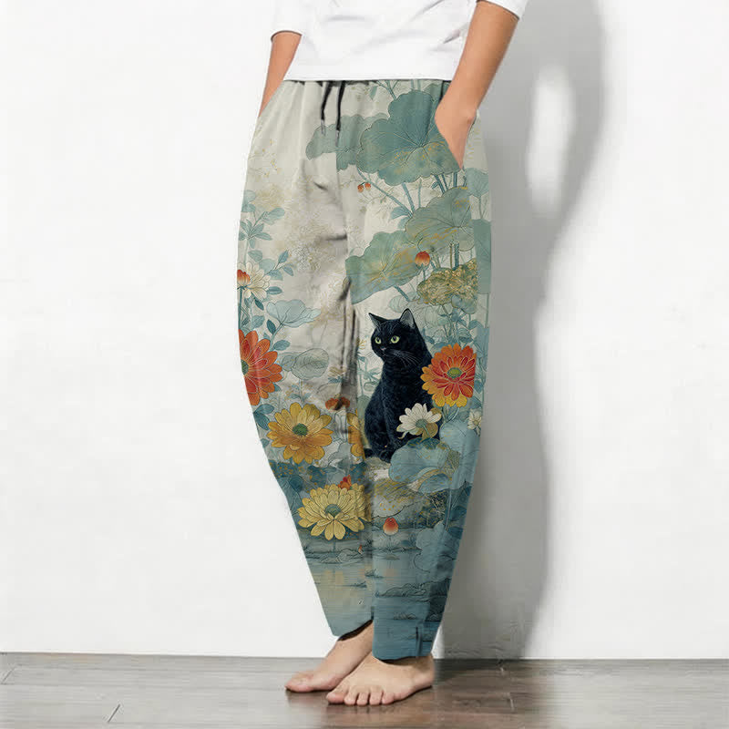 Buddha Stones Herrenhose aus reiner Baumwolle mit orientalischem Katzen- und Blumenmuster, Kordelzug, schmal zulaufendem Schnitt und Taschen - image 12