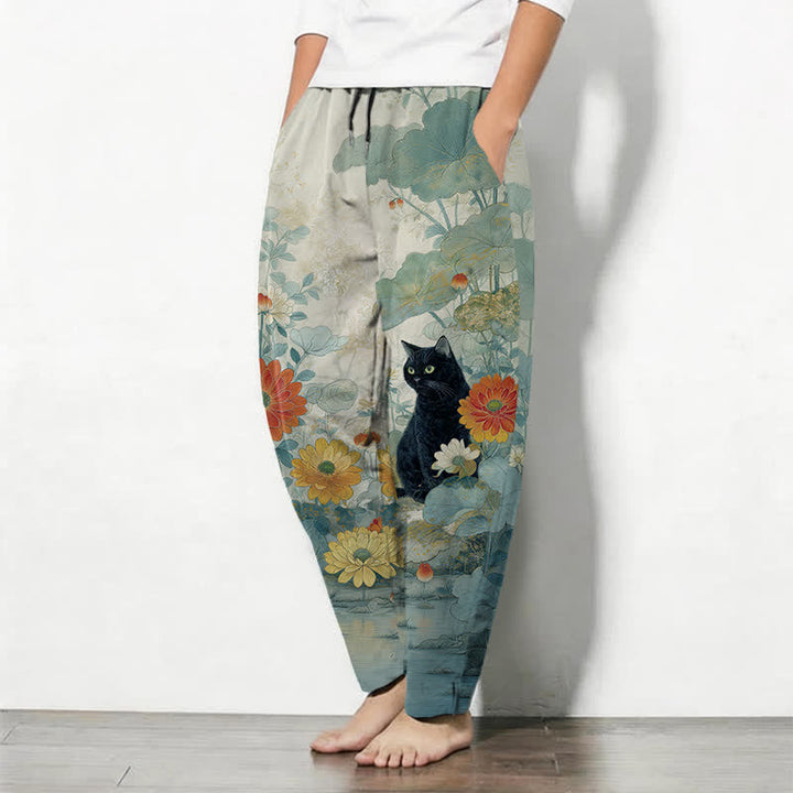 Buddha Stones Herrenhose aus reiner Baumwolle mit orientalischem Katzen- und Blumenmuster, Kordelzug, schmal zulaufendem Schnitt und Taschen - image 12