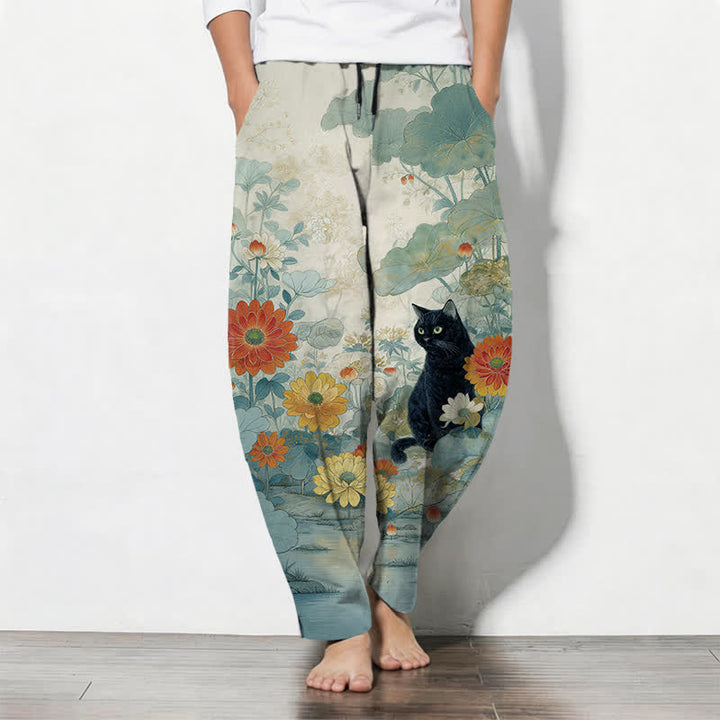 Buddha Stones Herrenhose aus reiner Baumwolle mit orientalischem Katzen- und Blumenmuster, Kordelzug, schmal zulaufendem Schnitt und Taschen - Helltürkis - US/ UK/AU50, EU60 (5XL) - image 11