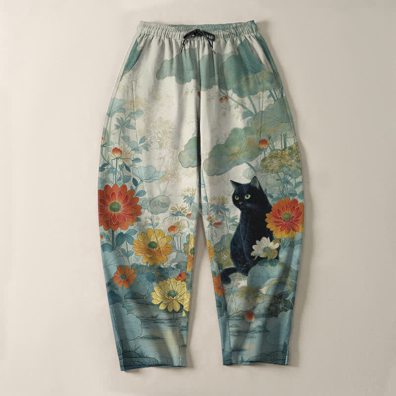Buddha Stones Herrenhose aus reiner Baumwolle mit orientalischem Katzen- und Blumenmuster, Kordelzug, schmal zulaufendem Schnitt und Taschen - image 13