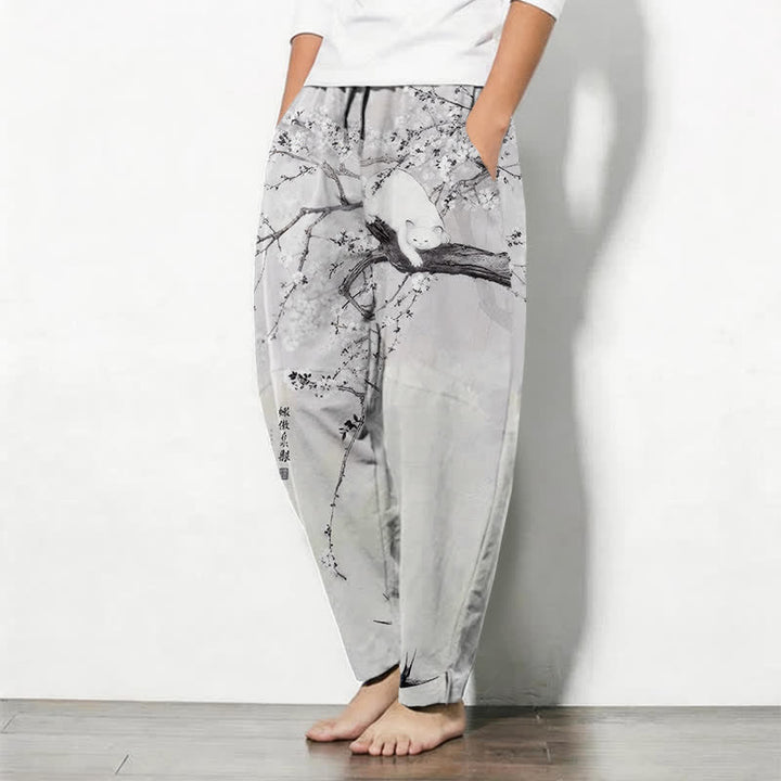 Buddha Stones Herrenhose aus reiner Baumwolle mit Katzenmuster in Pflaumenfarbe, Kordelzug und Taschen - image 1