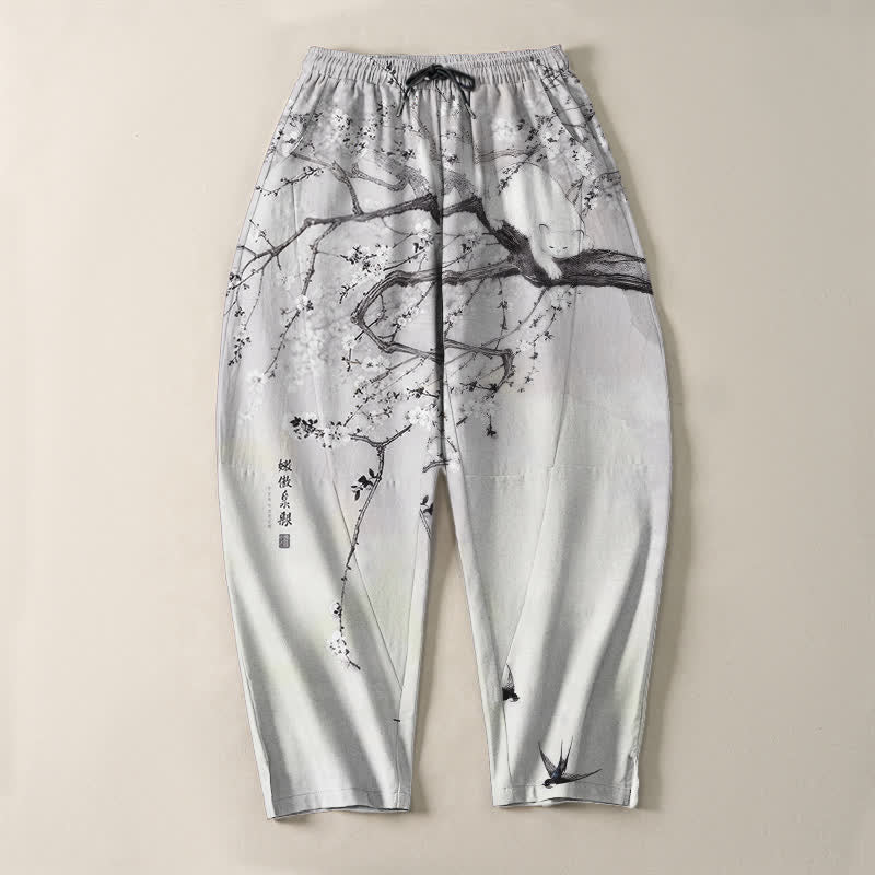 Buddha Stones Herrenhose aus reiner Baumwolle mit Katzenmuster in Pflaumenfarbe, Kordelzug und Taschen - image 2