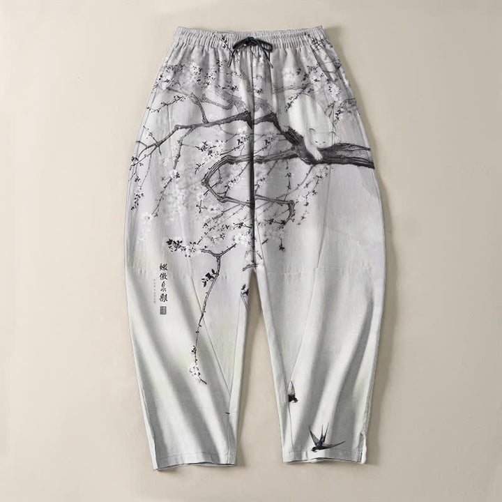 Buddha Stones Herrenhose aus reiner Baumwolle mit Katzenmuster in Pflaumenfarbe, Kordelzug und Taschen - image 2