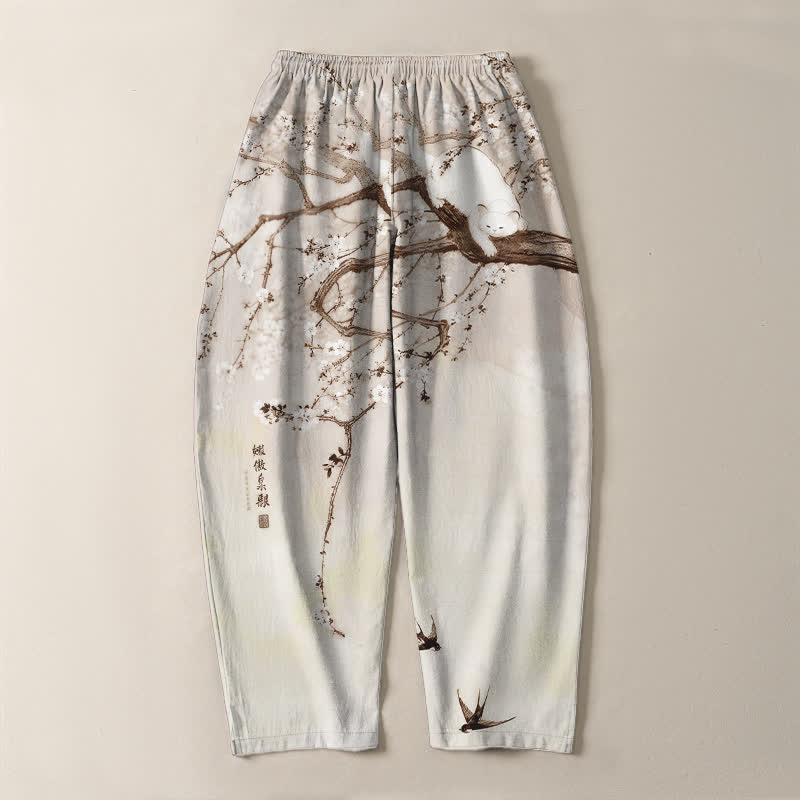 Buddha Stones Herrenhose aus reiner Baumwolle mit Katzenmuster in Pflaumenfarbe, Kordelzug und Taschen - image 10