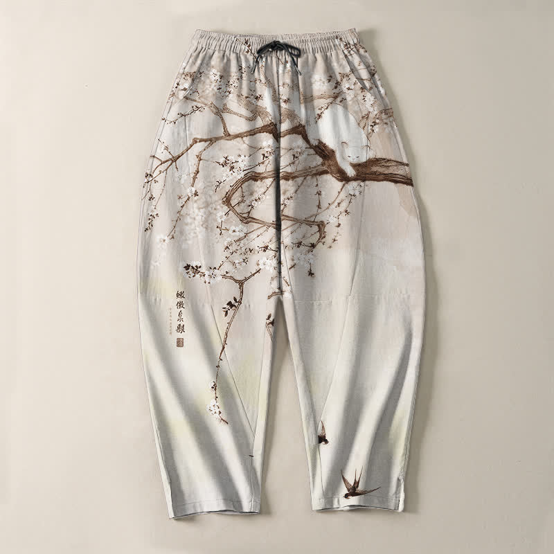 Buddha Stones Herrenhose aus reiner Baumwolle mit Katzenmuster in Pflaumenfarbe, Kordelzug und Taschen - image 9