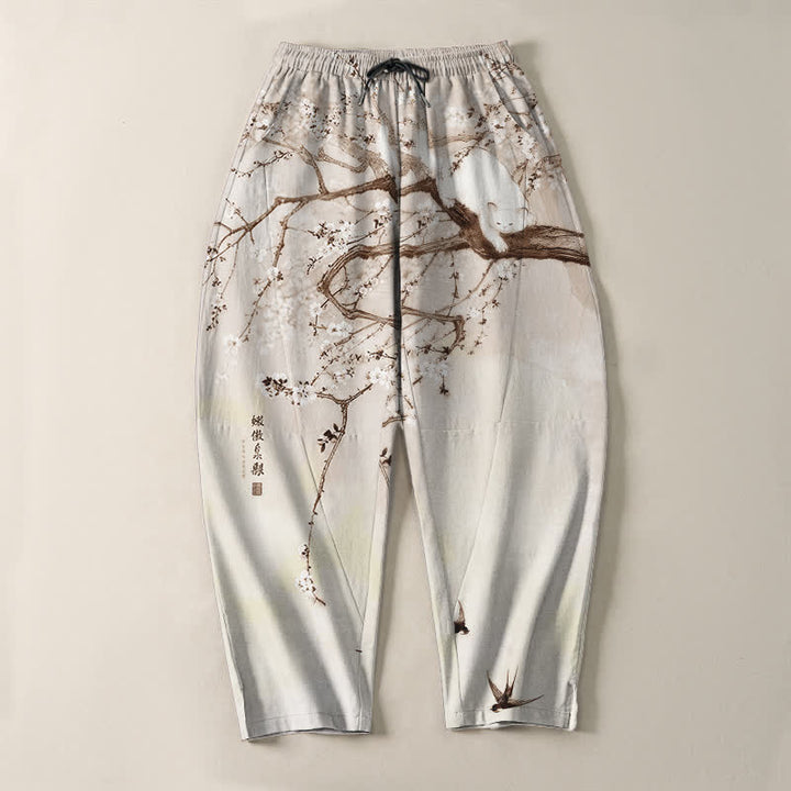Buddha Stones Herrenhose aus reiner Baumwolle mit Katzenmuster in Pflaumenfarbe, Kordelzug und Taschen - image 9