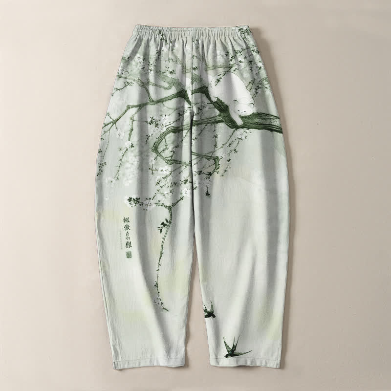 Buddha Stones Herrenhose aus reiner Baumwolle mit Katzenmuster in Pflaumenfarbe, Kordelzug und Taschen - image 14