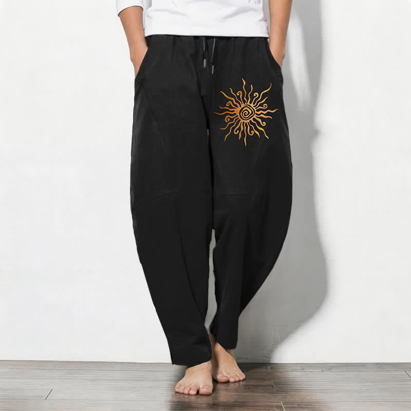Buddha Stones Herrenhose aus reiner Baumwolle mit goldenem Sonnen-Spiralmuster, Kordelzug und Taschen - Schwarz - US/ UK/AU50, EU60 (5XL) - image 0