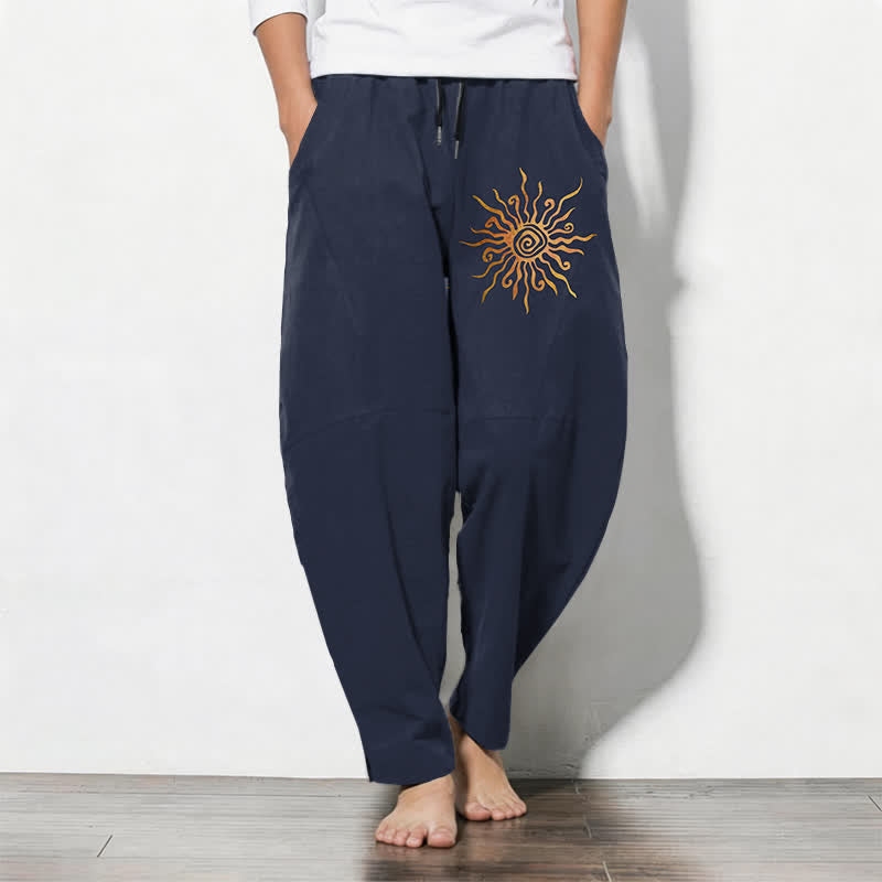 Buddha Stones Herrenhose aus reiner Baumwolle mit goldenem Sonnen-Spiralmuster, Kordelzug und Taschen - Marine - US/ UK/AU50, EU60 (5XL) - image 7