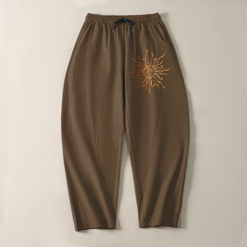 Buddha Stones Herrenhose aus reiner Baumwolle mit goldenem Sonnen-Spiralmuster, Kordelzug und Taschen - image 13