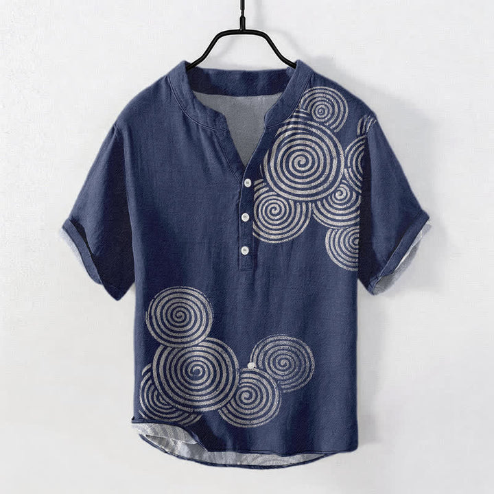 Buddha Stones Kurzarmhemd aus Baumwolle mit Spiralmuster und halber Knopfleiste - Marine - US/ UK/AU50, EU60 (5XL) - image 0
