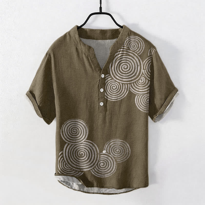 Buddha Stones Kurzarmhemd aus Baumwolle mit Spiralmuster und halber Knopfleiste - Olive - US/ UK/AU50, EU60 (5XL) - image 7