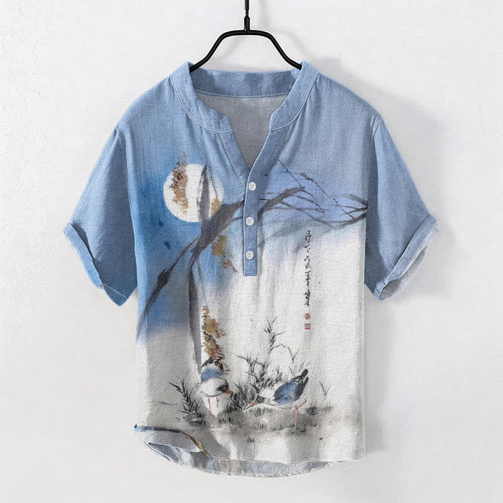 Buddha Stones Kurzarm-Herrenhemd aus Baumwolle mit Mondvogelmuster und halber Knopfleiste - Hellblau - US/ UK/AU50, EU60 (5XL) - image 0