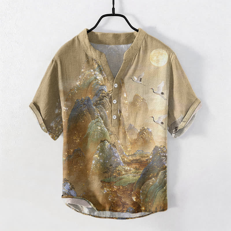 Buddha Stones Herrenhemd aus Baumwolle mit Bergkranich- und Mondmuster, Kurzarm, halbe Knopfleiste - Dunkelkhaki - US/ UK/AU50, EU60 (5XL) - image 0