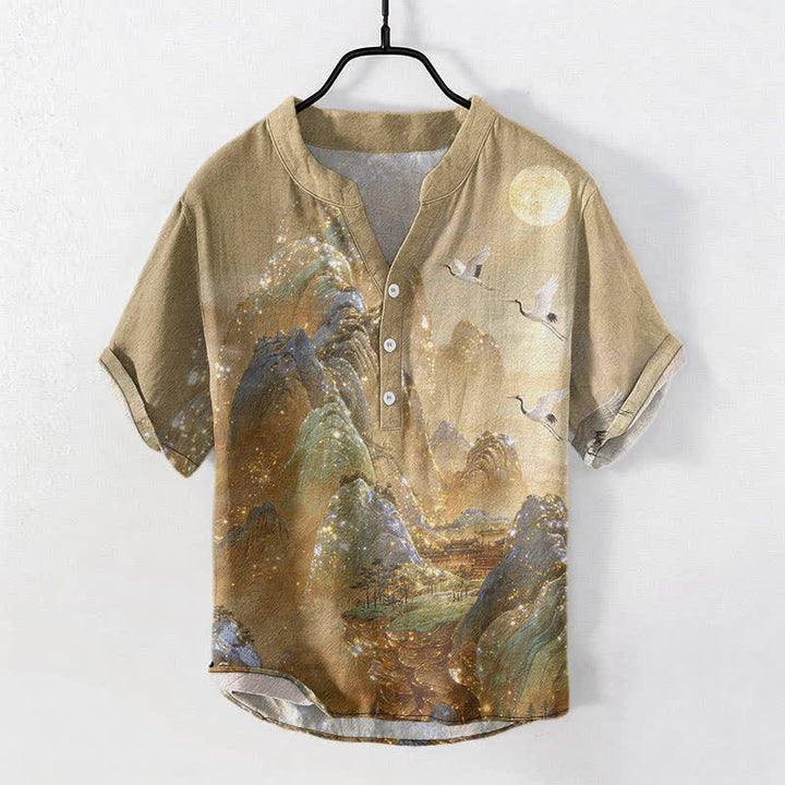 Buddha Stones Herrenhemd aus Baumwolle mit Bergkranich- und Mondmuster, Kurzarm, halbe Knopfleiste - Dunkelkhaki - US/ UK/AU50, EU60 (5XL) - image 0
