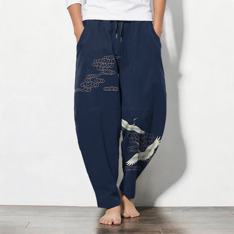 Buddha Stones Herrenhose aus reiner Baumwolle mit Kranich- und Wolkenmuster, Kordelzug, schmal zulaufendem Bein und Taschen - Marine - US/ UK/AU50, EU60 (5XL) - image 0