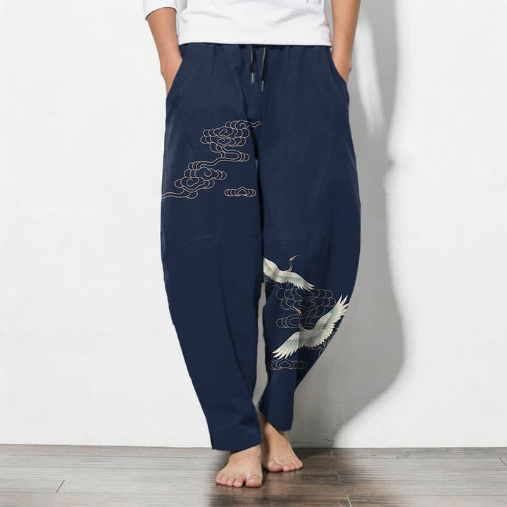 Buddha Stones Herrenhose aus reiner Baumwolle mit Kranich- und Wolkenmuster, Kordelzug, schmal zulaufendem Bein und Taschen - Marine - US/ UK/AU50, EU60 (5XL) - image 0