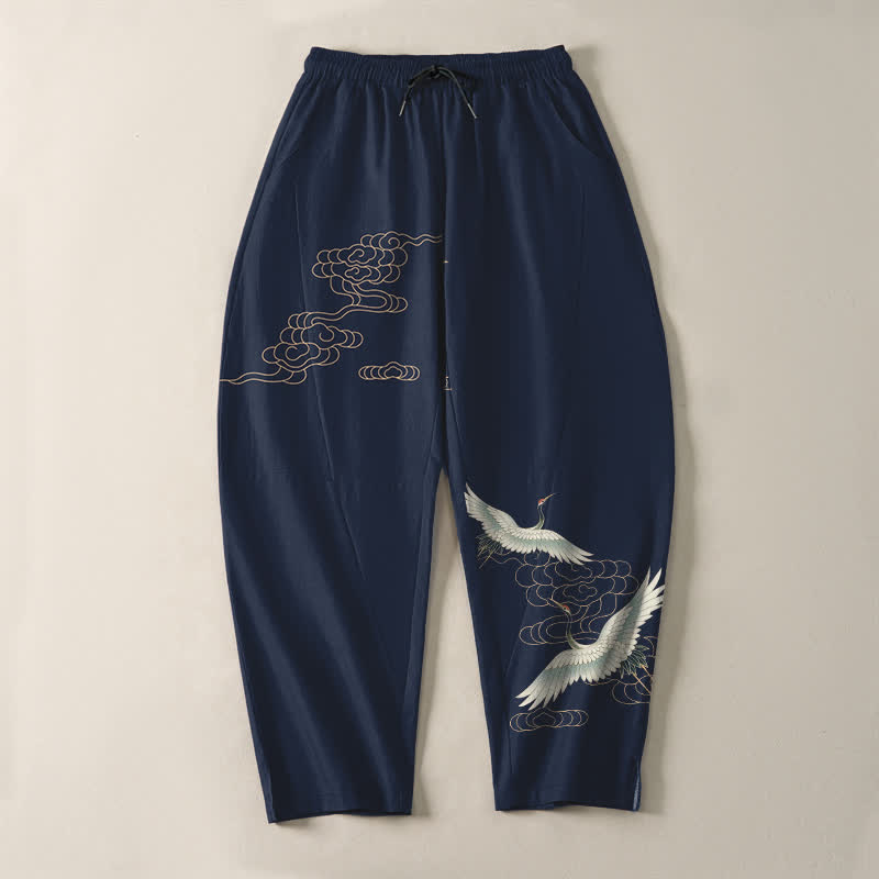Buddha Stones Herrenhose aus reiner Baumwolle mit Kranich- und Wolkenmuster, Kordelzug, schmal zulaufendem Bein und Taschen - image 2