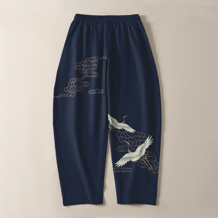 Buddha Stones Herrenhose aus reiner Baumwolle mit Kranich- und Wolkenmuster, Kordelzug, schmal zulaufendem Bein und Taschen - image 3