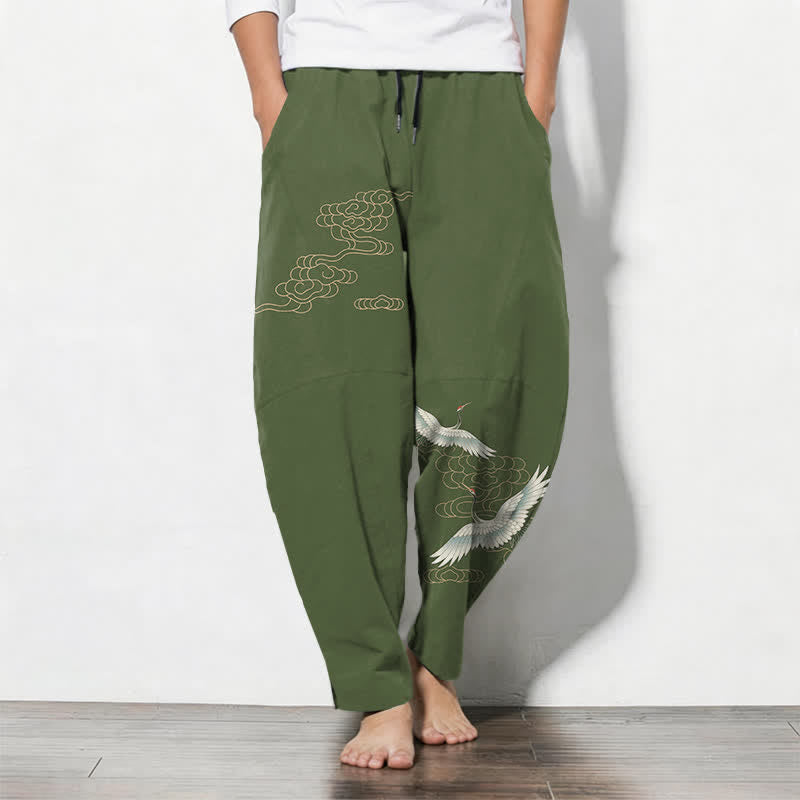 Buddha Stones Herrenhose aus reiner Baumwolle mit Kranich- und Wolkenmuster, Kordelzug, schmal zulaufendem Bein und Taschen - Olivgrün - US/ UK/AU50, EU60 (5XL) - image 7