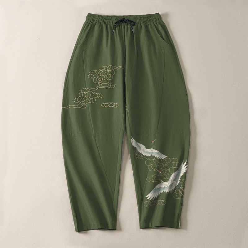 Buddha Stones Herrenhose aus reiner Baumwolle mit Kranich- und Wolkenmuster, Kordelzug, schmal zulaufendem Bein und Taschen - image 9