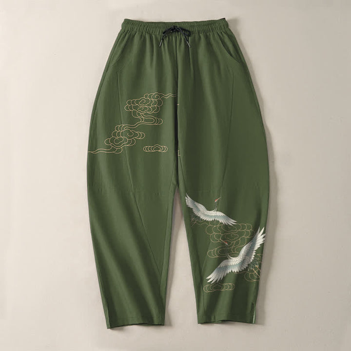 Buddha Stones Herrenhose aus reiner Baumwolle mit Kranich- und Wolkenmuster, Kordelzug, schmal zulaufendem Bein und Taschen - image 9