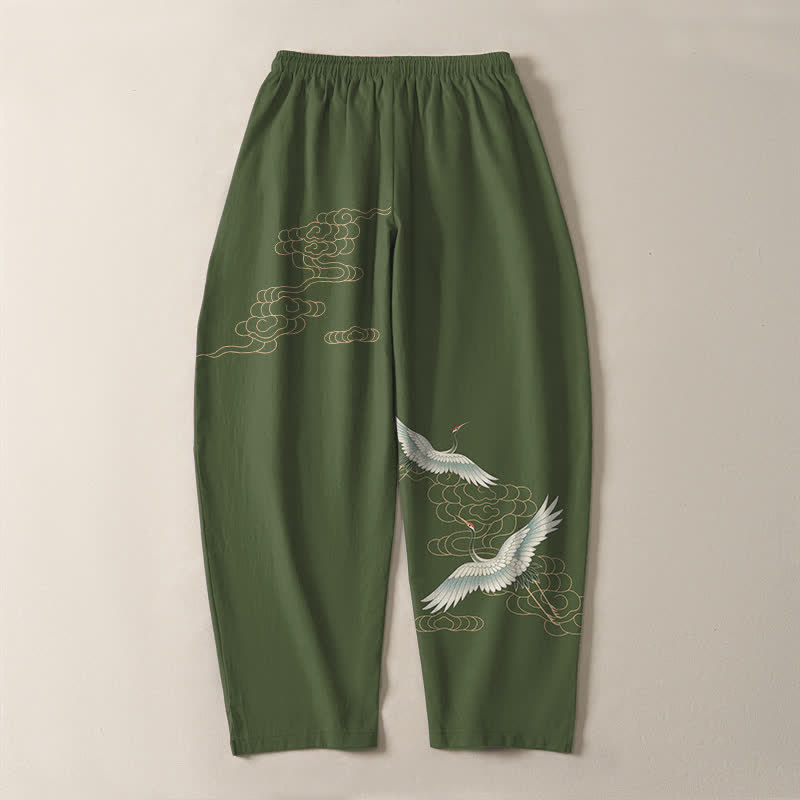 Buddha Stones Herrenhose aus reiner Baumwolle mit Kranich- und Wolkenmuster, Kordelzug, schmal zulaufendem Bein und Taschen - image 10
