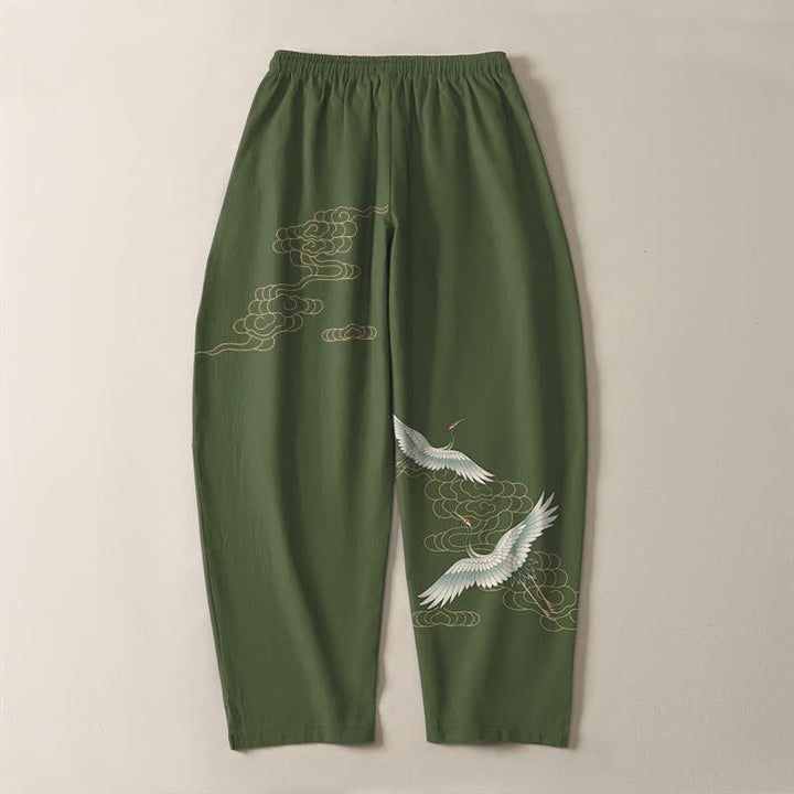 Buddha Stones Herrenhose aus reiner Baumwolle mit Kranich- und Wolkenmuster, Kordelzug, schmal zulaufendem Bein und Taschen - image 10