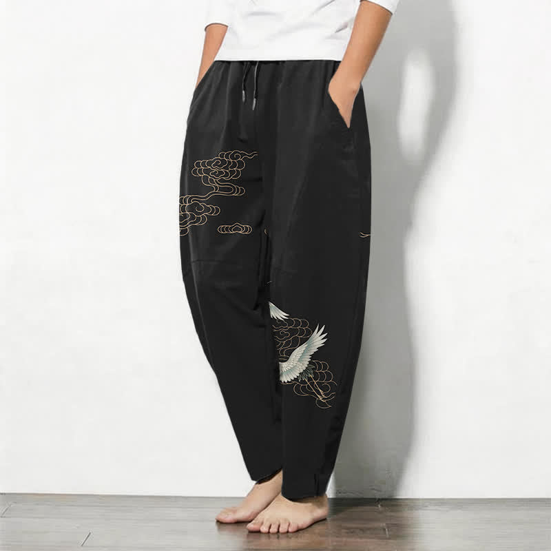 Buddha Stones Herrenhose aus reiner Baumwolle mit Kranich- und Wolkenmuster, Kordelzug, schmal zulaufendem Bein und Taschen - image 12