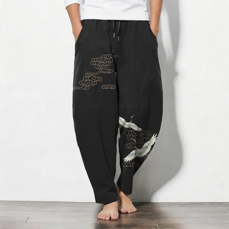 Buddha Stones Herrenhose aus reiner Baumwolle mit Kranich- und Wolkenmuster, Kordelzug, schmal zulaufendem Bein und Taschen - Schwarz - US/ UK/AU50, EU60 (5XL) - image 11