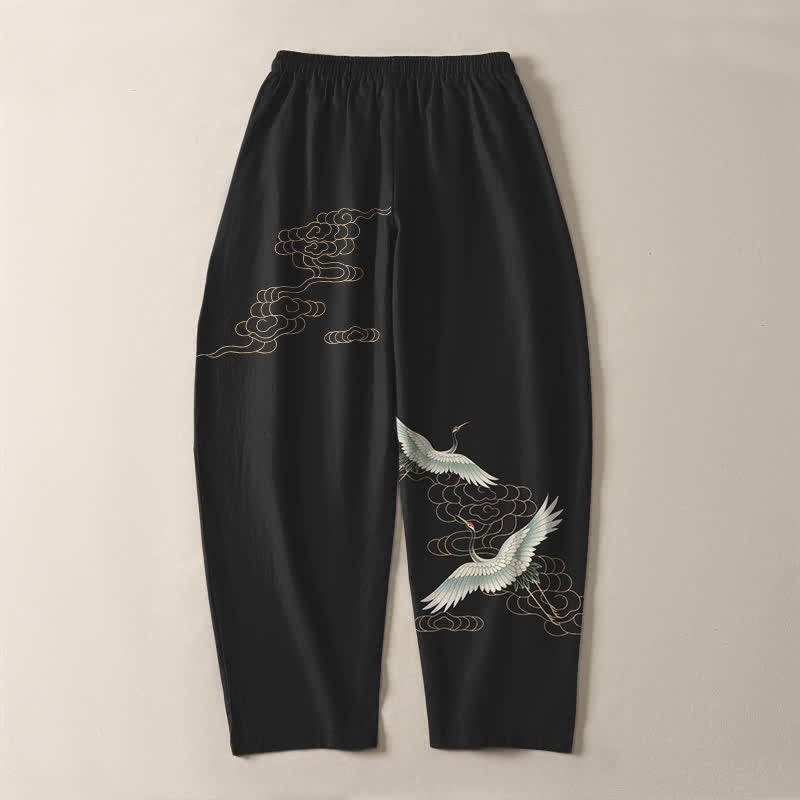 Buddha Stones Herrenhose aus reiner Baumwolle mit Kranich- und Wolkenmuster, Kordelzug, schmal zulaufendem Bein und Taschen - image 14