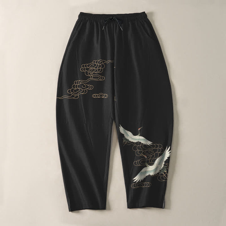 Buddha Stones Herrenhose aus reiner Baumwolle mit Kranich- und Wolkenmuster, Kordelzug, schmal zulaufendem Bein und Taschen - image 13