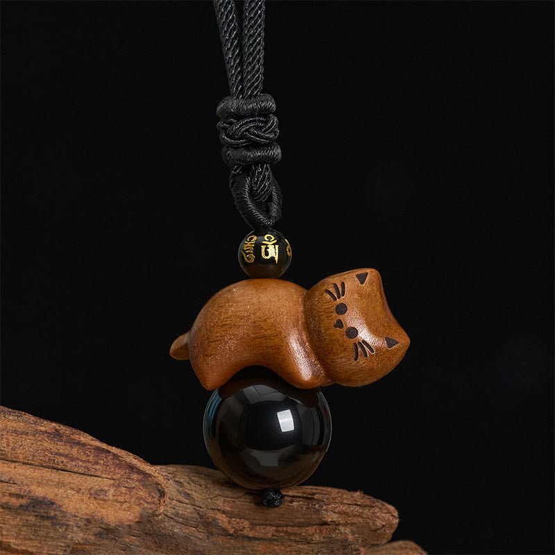Buddha Stones Sandelholz-Katzen-Halskette aus schwarzem Obsidian mit Om-Mani-Padme-Hum-Perle zum Schutz vor dem Schicksal - image 2