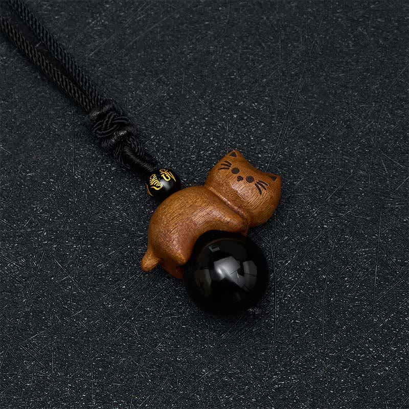 Buddha Stones Sandelholz-Katzen-Halskette aus schwarzem Obsidian mit Om-Mani-Padme-Hum-Perle zum Schutz vor dem Schicksal - image 3