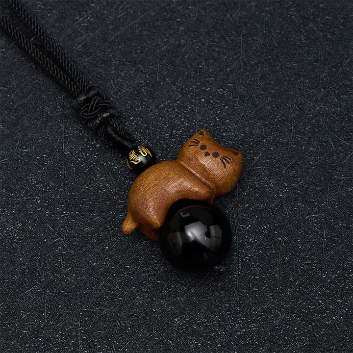 Buddha Stones Sandelholz-Katzen-Halskette aus schwarzem Obsidian mit Om-Mani-Padme-Hum-Perle zum Schutz vor dem Schicksal - image 3