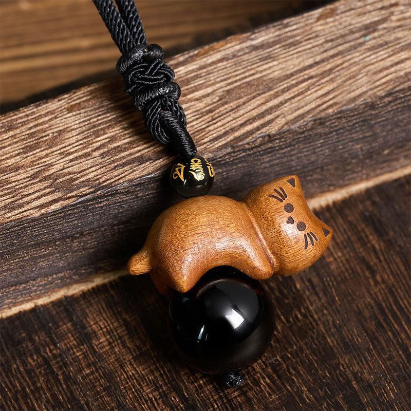 Buddha Stones Sandelholz-Katzen-Halskette aus schwarzem Obsidian mit Om-Mani-Padme-Hum-Perle zum Schutz vor dem Schicksal - image 1