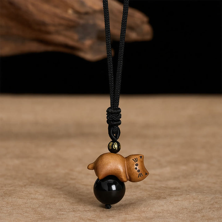 Buddha Stones Sandelholz-Katzen-Halskette aus schwarzem Obsidian mit Om-Mani-Padme-Hum-Perle zum Schutz vor dem Schicksal - Sandelholz & Schwarzer Obsidian - image 0