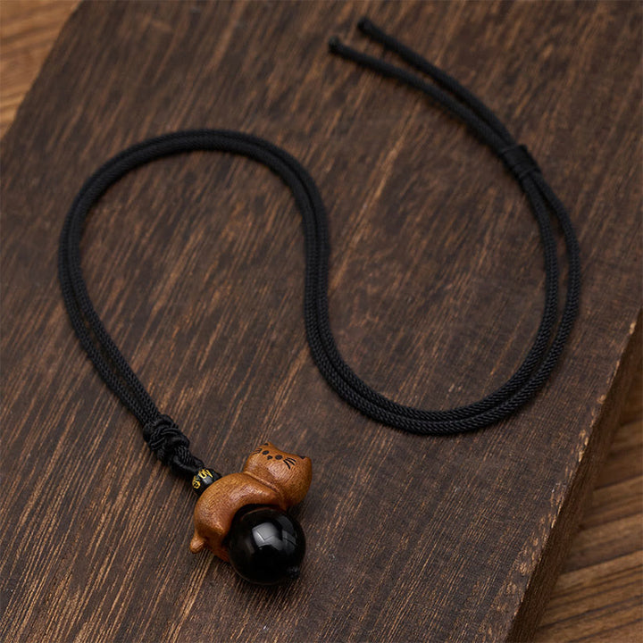 Buddha Stones Sandelholz-Katzen-Halskette aus schwarzem Obsidian mit Om-Mani-Padme-Hum-Perle zum Schutz vor dem Schicksal - image 4