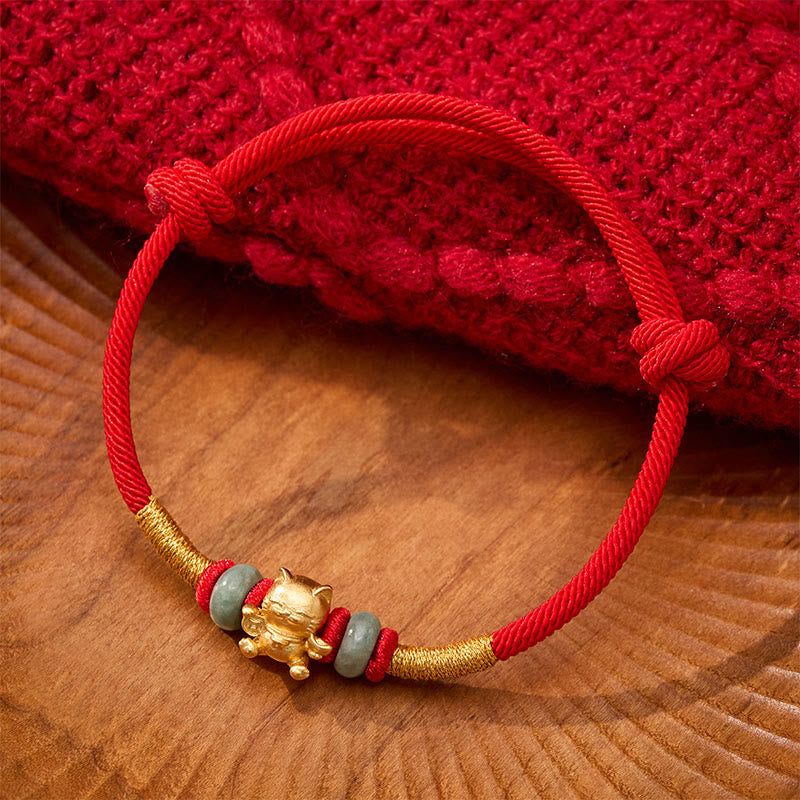 Buddha Stones , handgewebtes rotes Jade-Glückskatzen-Verbindungsarmband - Jade & rotes Armband (Handgelenkumfang: 16-18 cm) - image 0