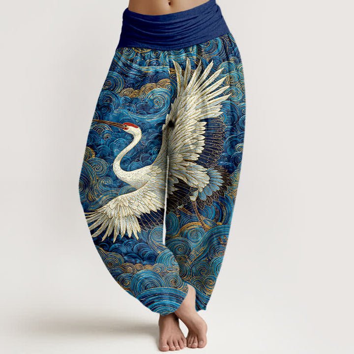 Buddha Stones Weiße Baumwoll-Haremshose mit Kranich- und Wellenmuster, elastischer Bund, für Damen - Königsblau - US16, UK/AU20, EU48 (3XL) - image 0