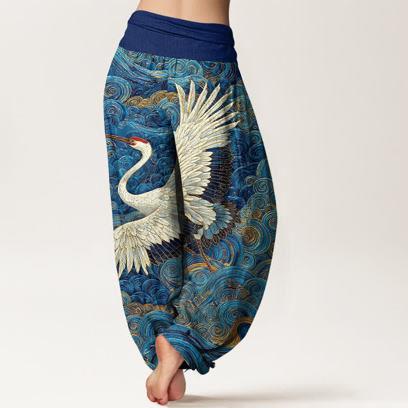 Buddha Stones Weiße Baumwoll-Haremshose mit Kranich- und Wellenmuster, elastischer Bund, für Damen - image 1