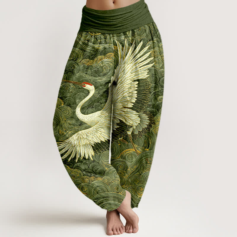 Buddha Stones Weiße Baumwoll-Haremshose mit Kranich- und Wellenmuster, elastischer Bund, für Damen - Grün - US16, UK/AU20, EU48 (3XL) - image 5
