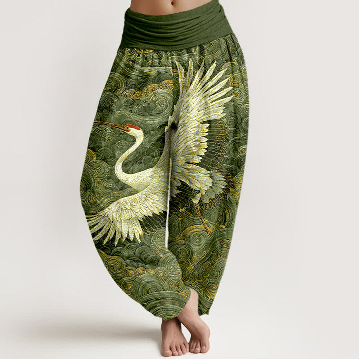Buddha Stones Weiße Baumwoll-Haremshose mit Kranich- und Wellenmuster, elastischer Bund, für Damen - Grün - US16, UK/AU20, EU48 (3XL) - image 5