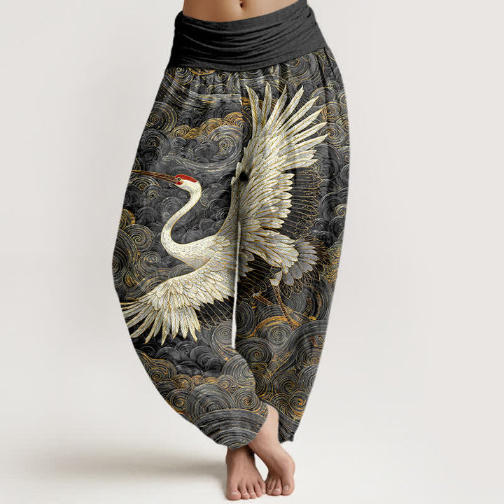 Buddha Stones Weiße Baumwoll-Haremshose mit Kranich- und Wellenmuster, elastischer Bund, für Damen - DimGray - US16, UK/AU20, EU48 (3XL) - image 8