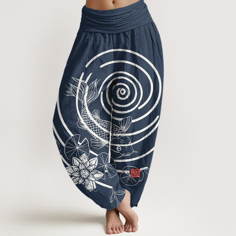 Buddha Stones Baumwoll-Haremshose mit Koi-Fisch- und Lotusmuster, elastischer Bund, Damen - Marine - US16, UK/AU20, EU48 (3XL) - image 0