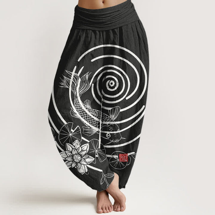 Buddha Stones Baumwoll-Haremshose mit Koi-Fisch- und Lotusmuster, elastischer Bund, Damen - Schwarz - US16, UK/AU20, EU48 (3XL) - image 8