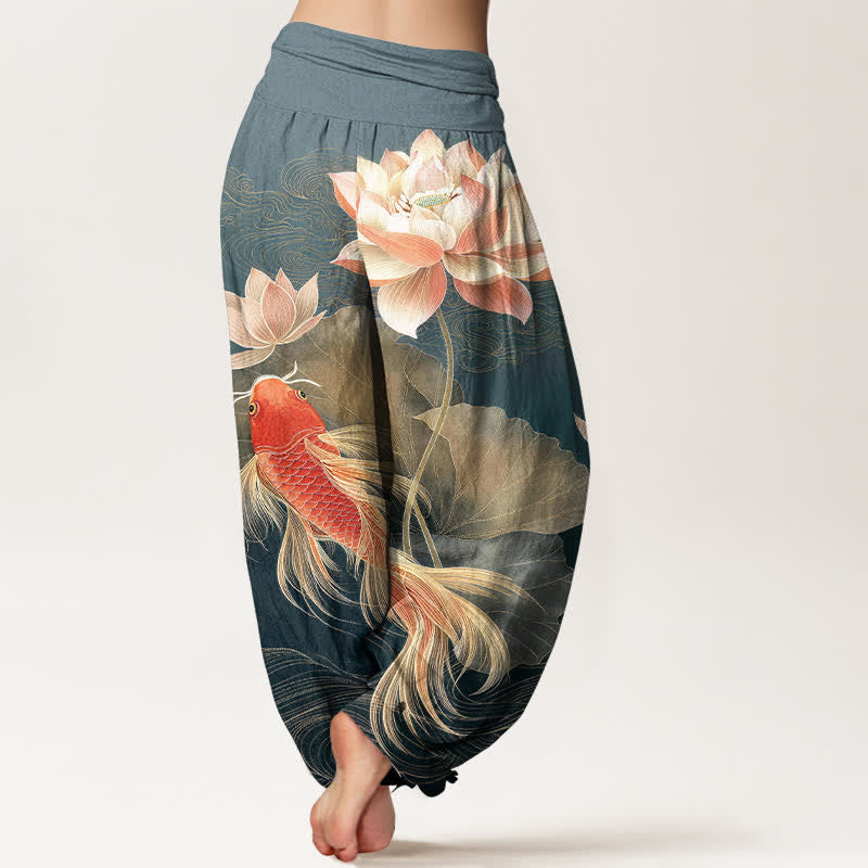 Buddha Stones Elegante Haremshose aus Baumwolle mit goldenem Koi-Fisch- und Lotusmuster sowie elastischem Bund. - image 1