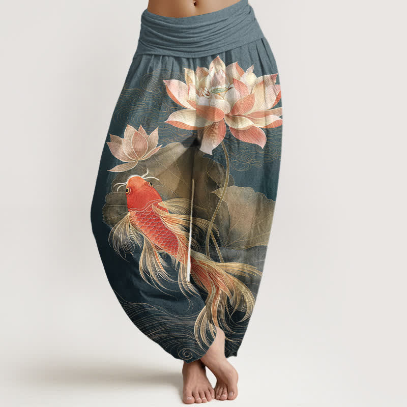 Buddha Stones Elegante Haremshose aus Baumwolle mit goldenem Koi-Fisch- und Lotusmuster sowie elastischem Bund. - Türkis - US16, UK/AU20, EU48 (3XL) - image 0